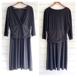 Nine West Women's Black 3/4 Sleeve Faux Wrap Ruched Dress Size 16